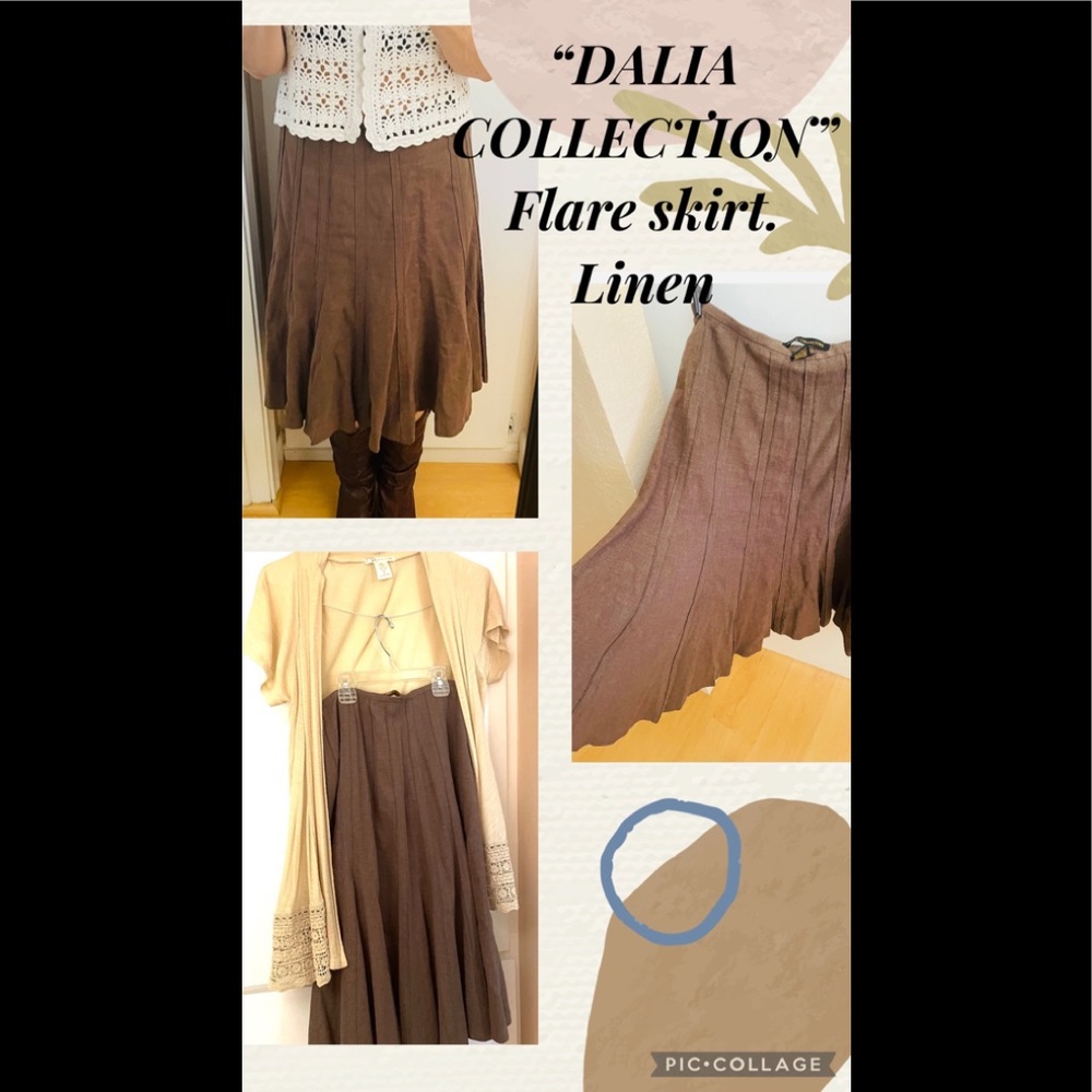 Dalia Collection linen/visc skirt Brown knee high zipper/hook. Flat belly.